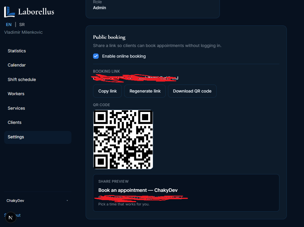 Laborellus public booking QR code